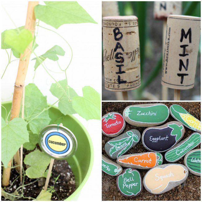 garden markers made from Mason jar lids, wine corks and rocks