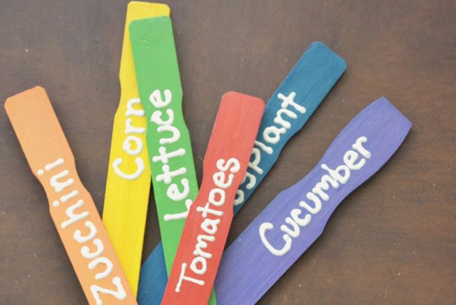 Painted paint stirrers as garden markers